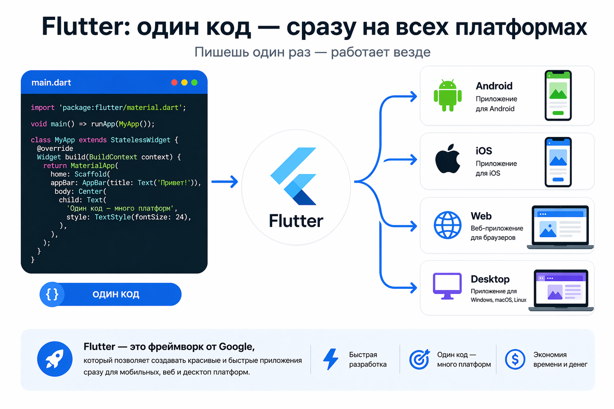 Flutter позволяет писать один код и запускать его сразу на Android, iOS, Web и Desktop.