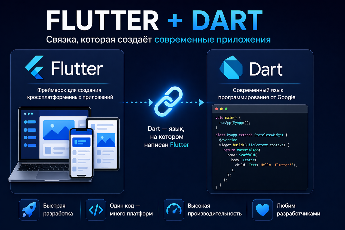 Flutter и Dart работают вместе: Flutter отвечает за интерфейс, а Dart — за логику приложения.