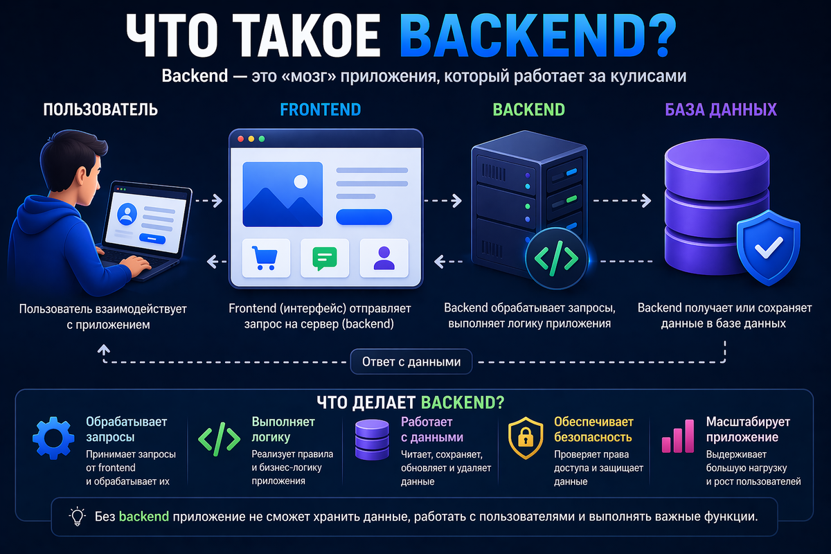 Backend обрабатывает запросы от frontend, работает с данными и возвращает результат пользователю.