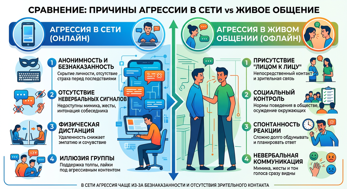  Визуально разделяющая причины агрессии в сети и живое общение