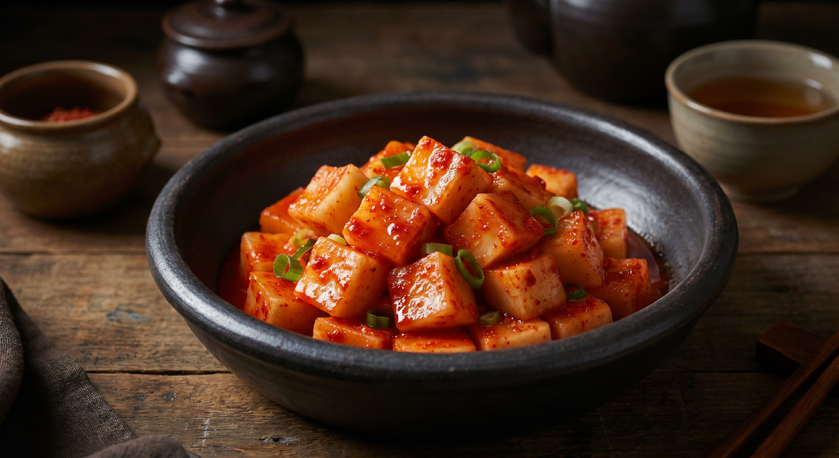 Ккактуги — кимчи из дайкона. Хрустящие красные кубики с острой пастой кочукару, чесноком и имбирём. Готовится за три дня вместо недели, требует меньше специй и прощает больше ошибок. Многие корейцы говорят что именно ккактуги — их любимый вид кимчи