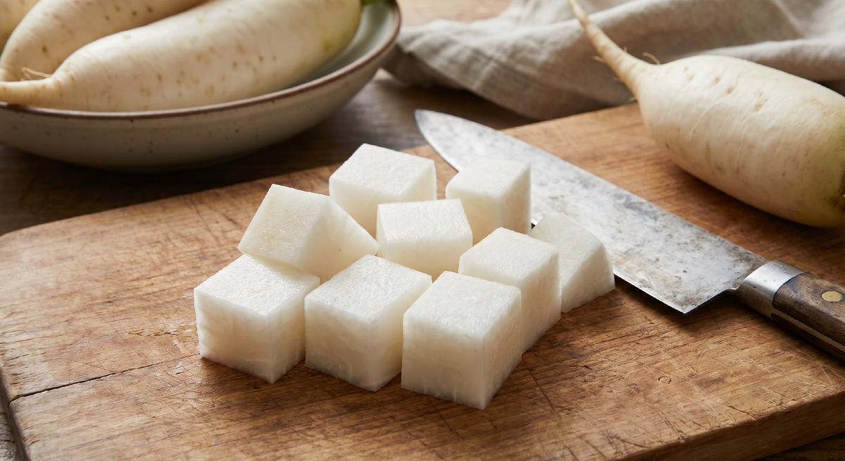 Дайкон для ккактуги нарезают крупными кубиками — 2–3 см. Не маленькими кусочками: именно крупная нарезка даёт тот характерный хруст который является главной текстурной особенностью этого кимчи