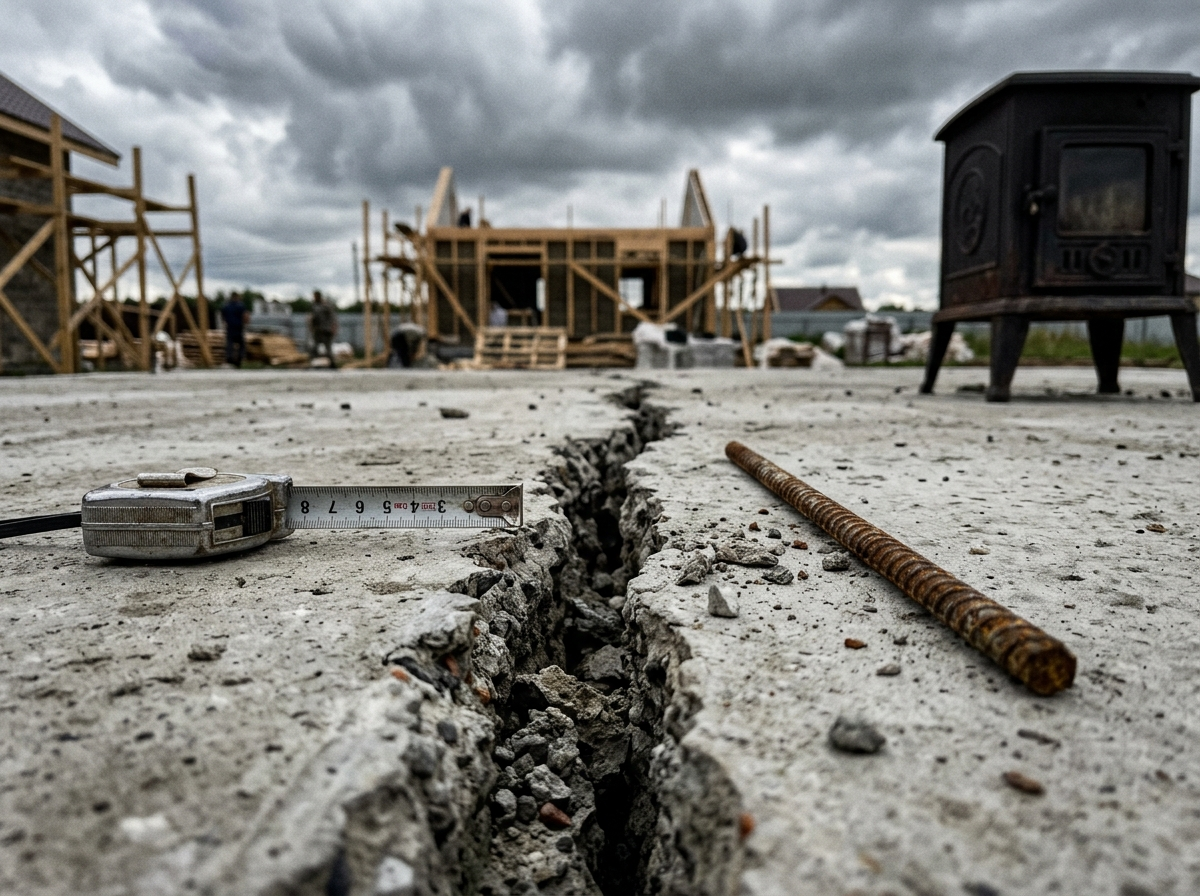 Трещина в плите, тонкая арматура и бетон 5 см — это не экономия, а приговор дому. В статье разбираю три главные ошибки: почему арматура 12 мм — это минимум, бетон 10 см — закон, а печь без усиления просядет через год. Читайте, чтобы не переделывать.