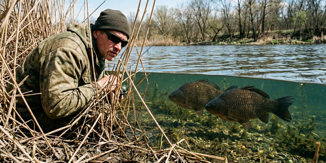 Карась греется на солнце и игнорирует дно: хитрая оснастка, чтобы ловить его прямо в полводы