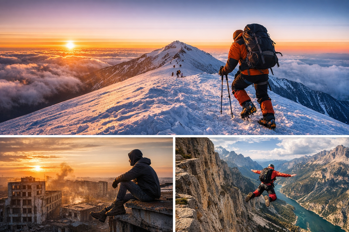 Почему одних людей тянет к спокойному отдыху, а других — к вершинам, льдинам, пустыням, мотоциклам, заброшенным домам и риску?