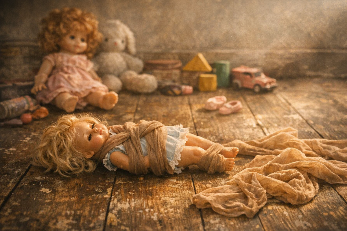 Травма 5 летней девочки-сироты, которая воспроизводится в игре с куклами, которых она связывает колготками, как привязывали её саму к батарее в детдоме.