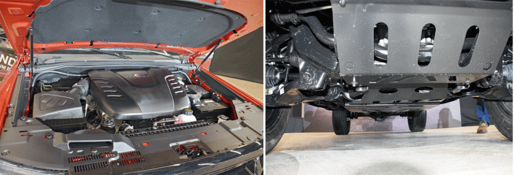    Под огромной крышкой – скромный 4-цилиндровый турбодизель. Защита прикрывает не только двигатель, но и коробку с раздаткой.