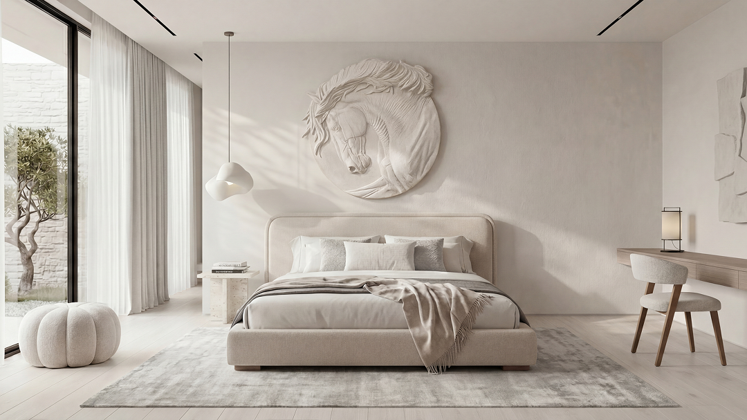 Портьерная ткань WOOLENS ECRU, тюль FRASSINO WHITE, кровать «Ремаро», портьерная ткань ASCETTA GREY, мебельная ткань PRADIER. 