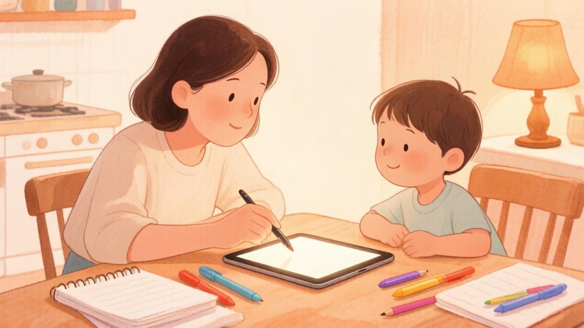 Смысл: родитель и ребёнок спокойно разбирают домашку без ссоры