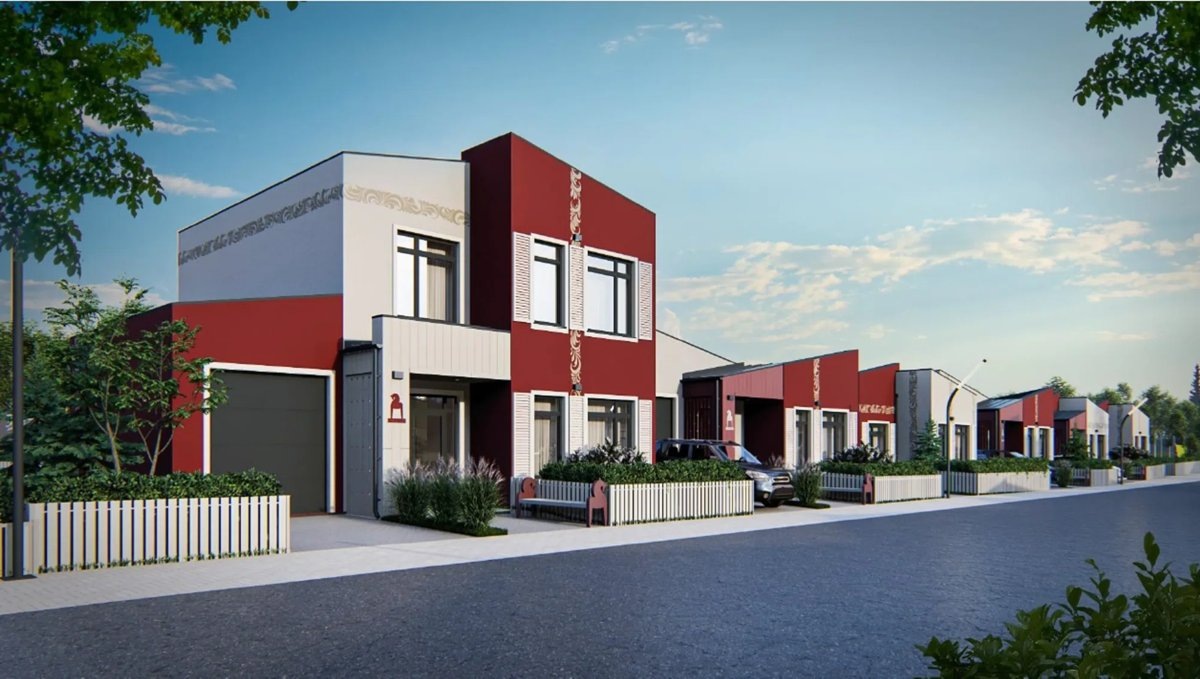    Дома построены в «русском» стиле: фасады домов в «национальных цветах», украшены русским орнаментом