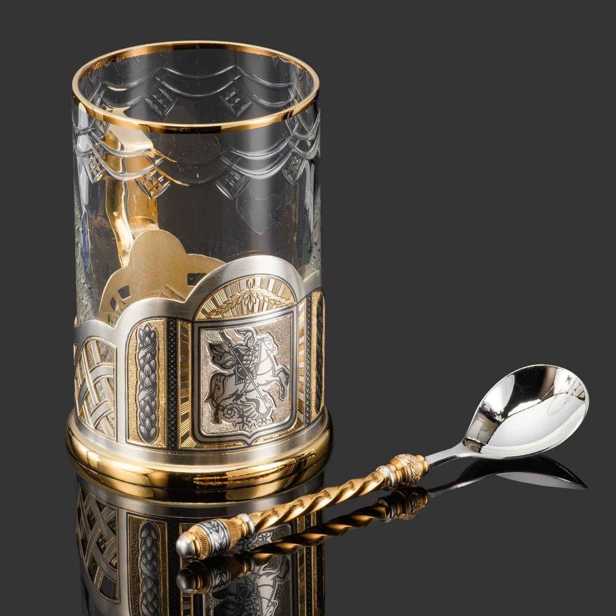 Чайный набор "Победитель", серебро 925 пробы, чернение, золочение, стекло, Российская Федерация, 2025 г.