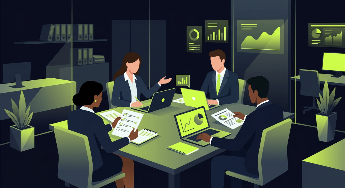    A team of accountants sitting around a table with printed checklists and laptops, post-quarter review meeting in a modern office