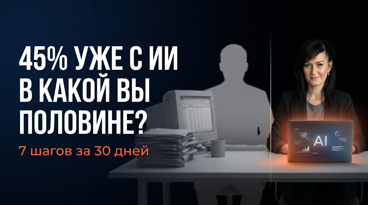 Вас заменит человек с AI: 45% офисных сотрудников уже работают с нейросетями, девушка с ноутбуком в оранжевом свечении рядом с серым силуэтом офисного работника за стопкой бумаг