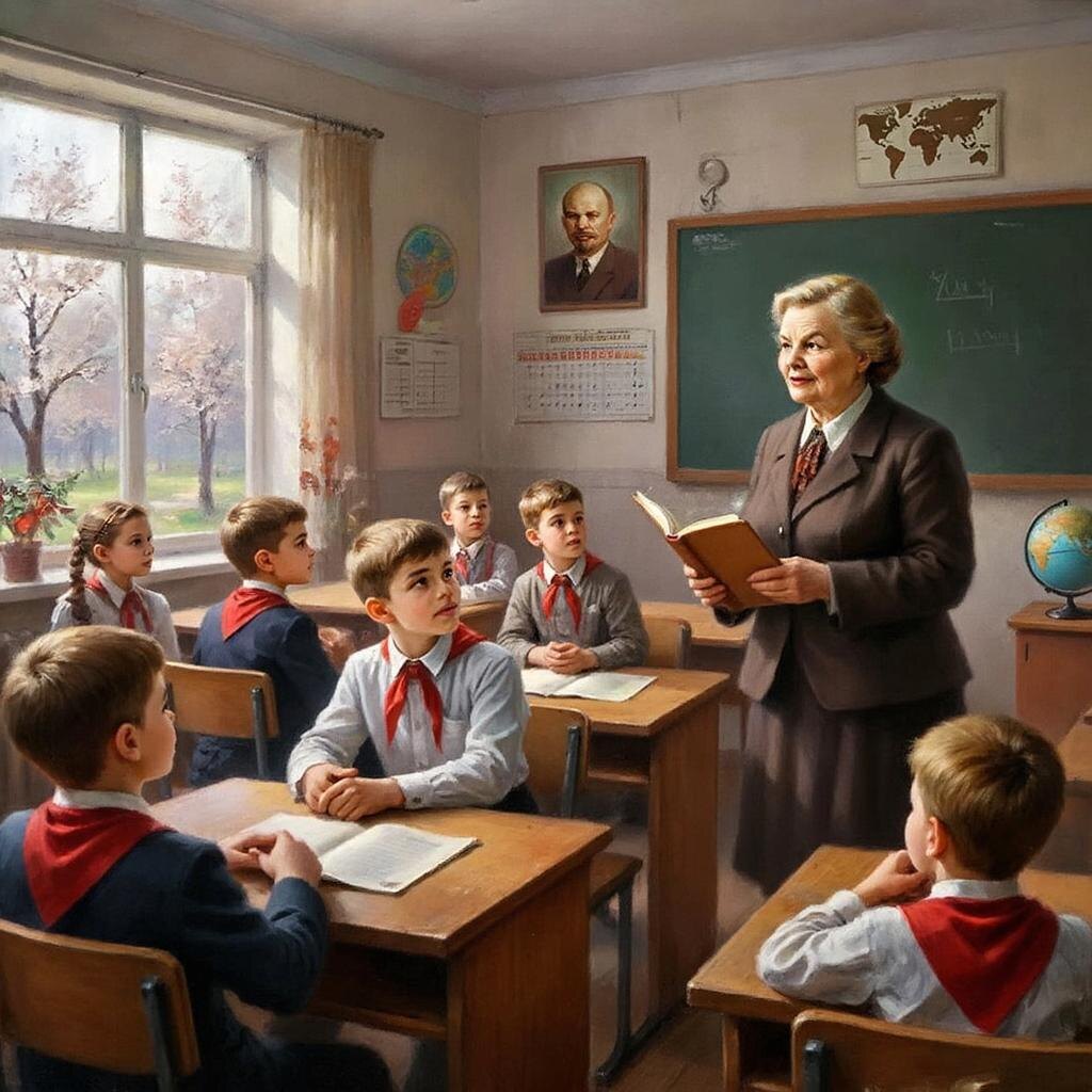 Это не я так детей рассадил, а «Кандинский». При попытке усадить всех правильно, почему-то галстуки оказывались завязанными ... на спинах. Пусть уж лучше так сидят... либо за учительский стол усаживался.... В.И. Ленин с книжкой в руках.