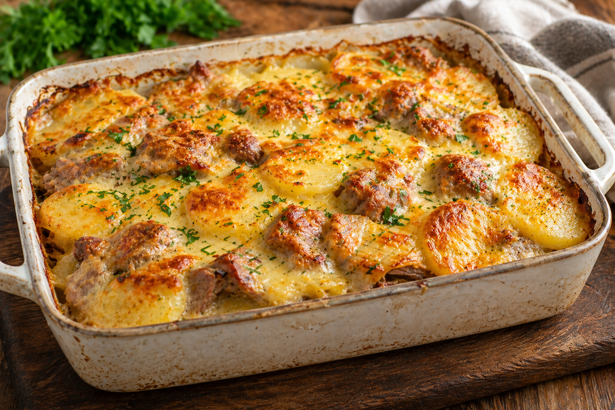 Запечённый картофель с мясом и сыром