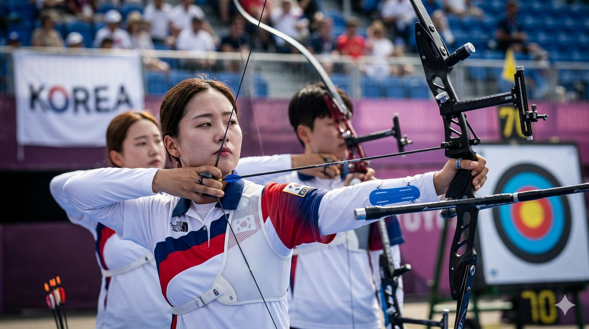 Стальное спокойствие: момент абсолютной концентрации корейских лучниц перед легендарным выстрелом в «десятку».