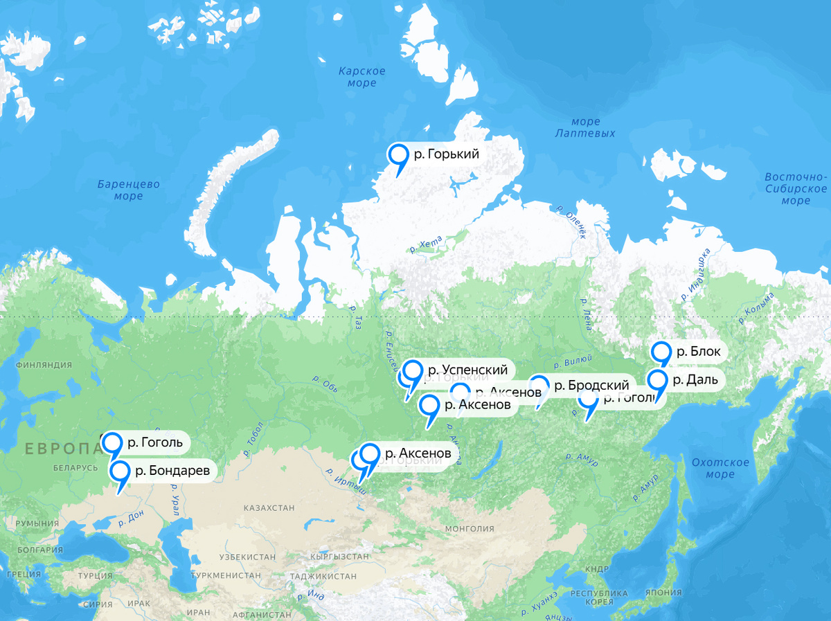 Реки-литераторы на карте Рф