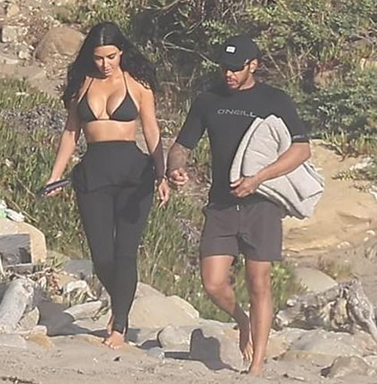    Ким Кардашьян и Льюис Хэмилтон на пляже в МалибуСоцсети