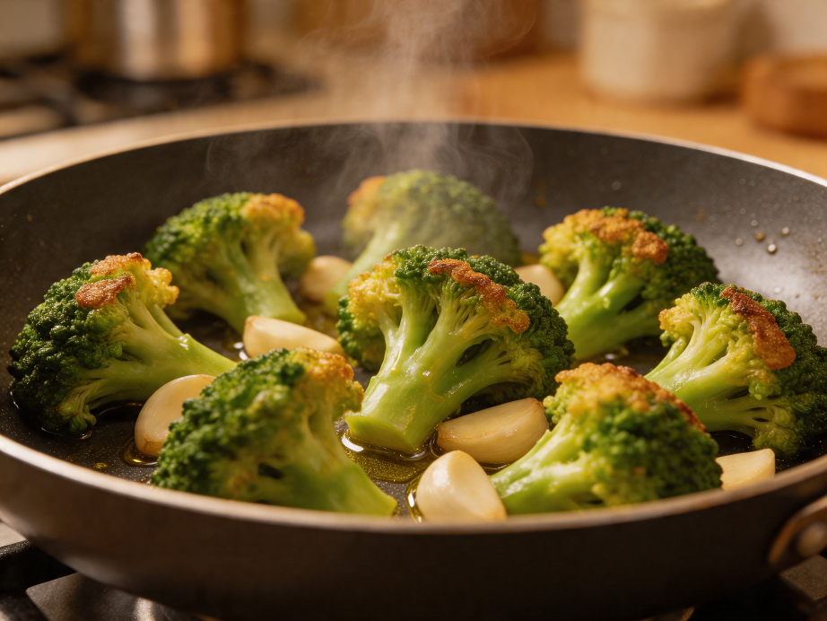 обжаренная брокколи с чесноком на сковороде