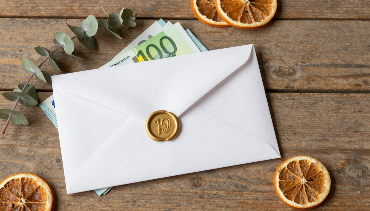 Подарок молодожёнам на свадьбу - 5 провальных идей - банкноты, белый конверт, золотая печать, веточка эвкалипта на доске.