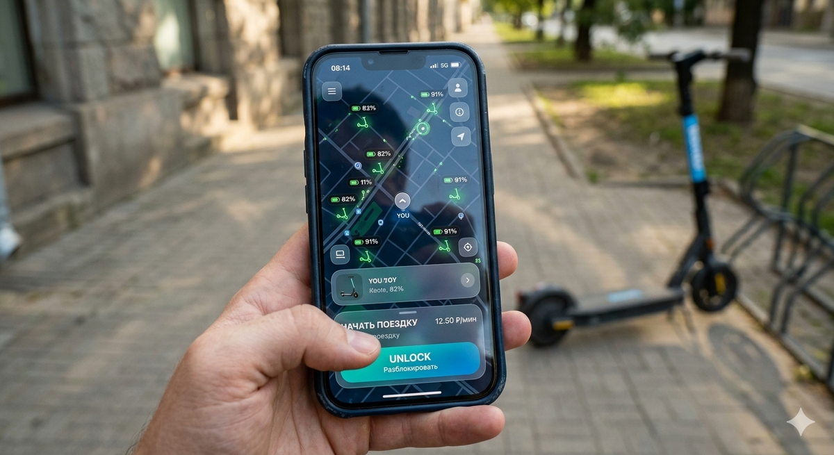 Так выглядит интерфейс приложения кикшеринга — самокаты зелеными значками на карте