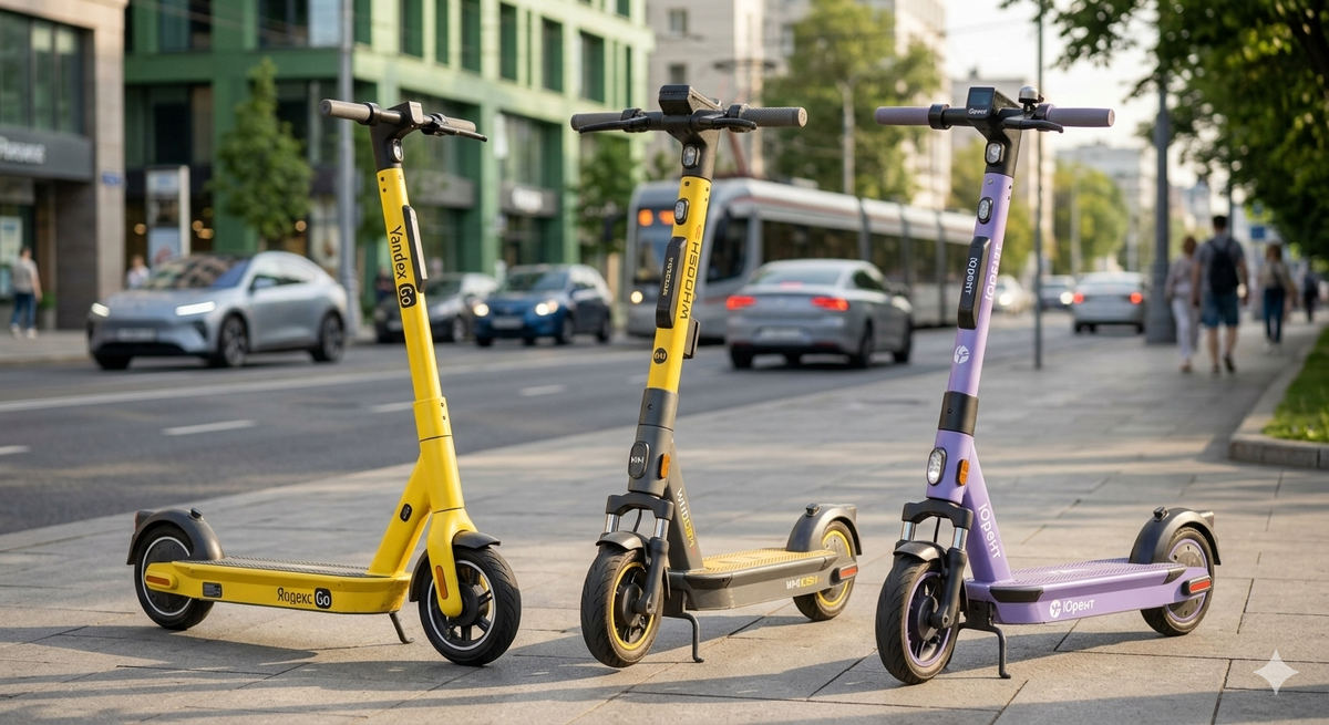Слева направо: самокаты Яндекс Go, Whoosh и МТС Юрент — внешне, но различие в тарифах и условиях различаются
