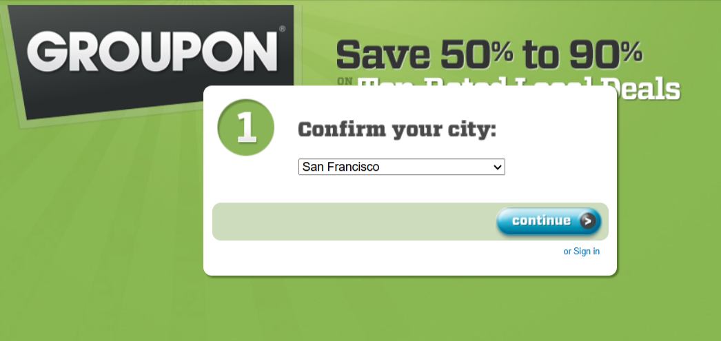 Оригинальный дизайн сайта компании в 2010 году. Источник: https://www.groupon.com/  

