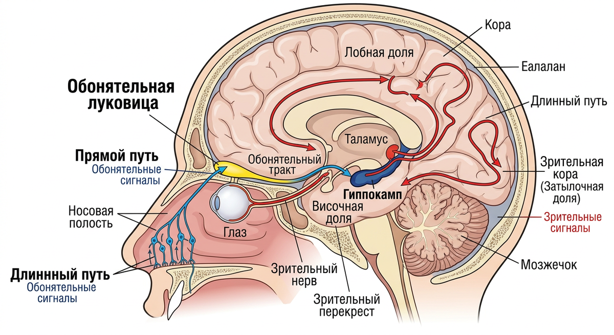 Профиль головы с выделением носовой полости, обонятельной луковицы и гиппокампа