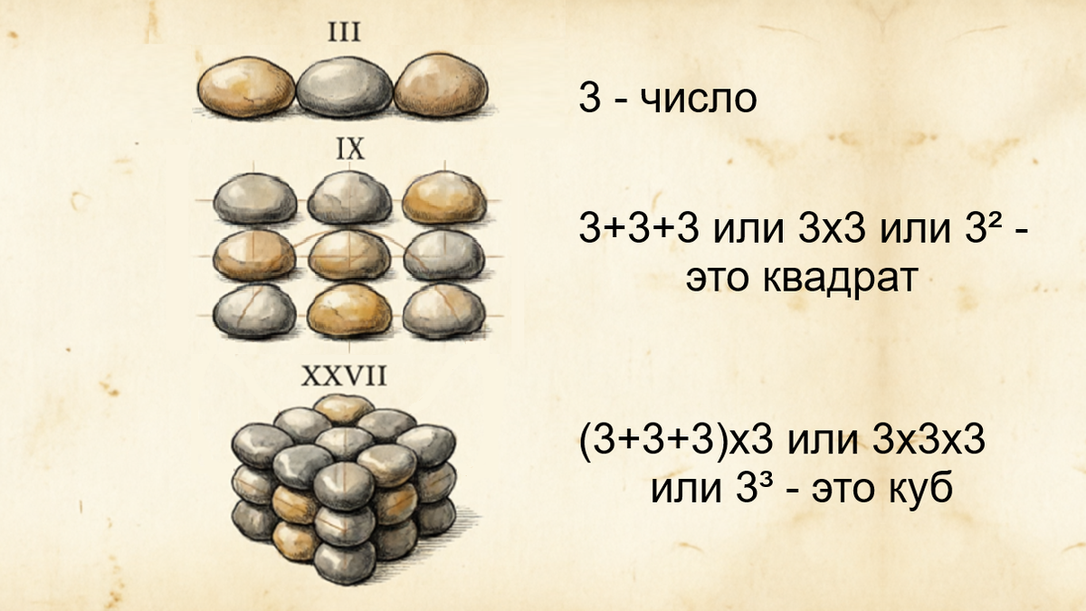 Так греки «считали» камешками (псифами): от линейки к плоскости и объёму. Именно поэтому n² стал «квадратом», а n³ – «кубом».