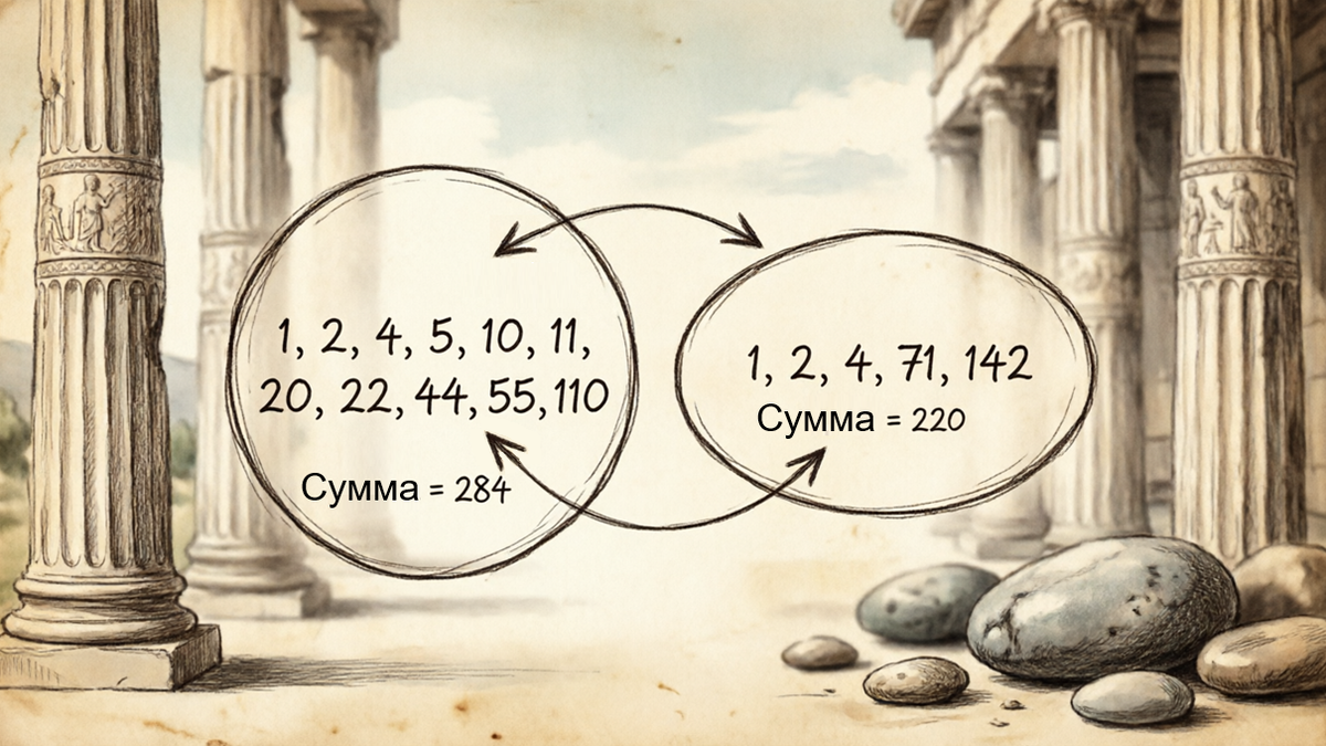 Дружественные числа: сумма делителей 220 равна 284, а сумма делителей 284 равна 220. Пифагор видел в этом математическую метафору дружбы.