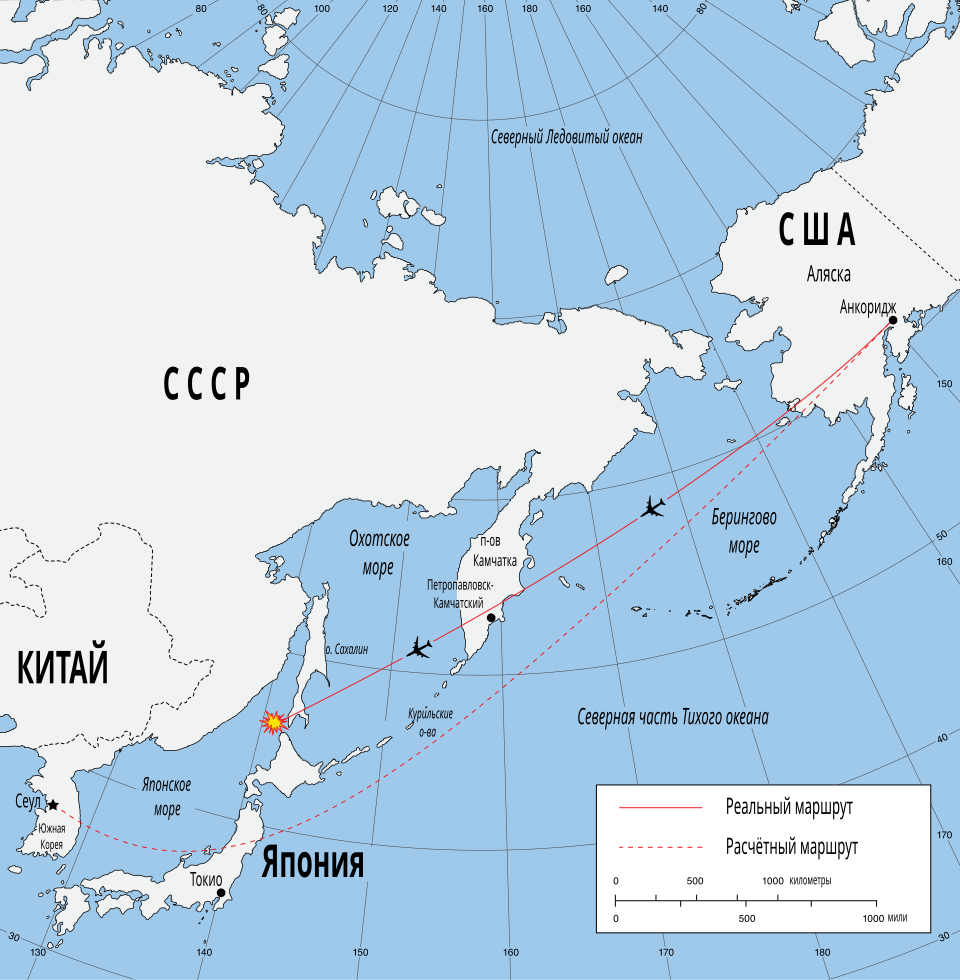 Плановый и реальный маршруты рейса KE007