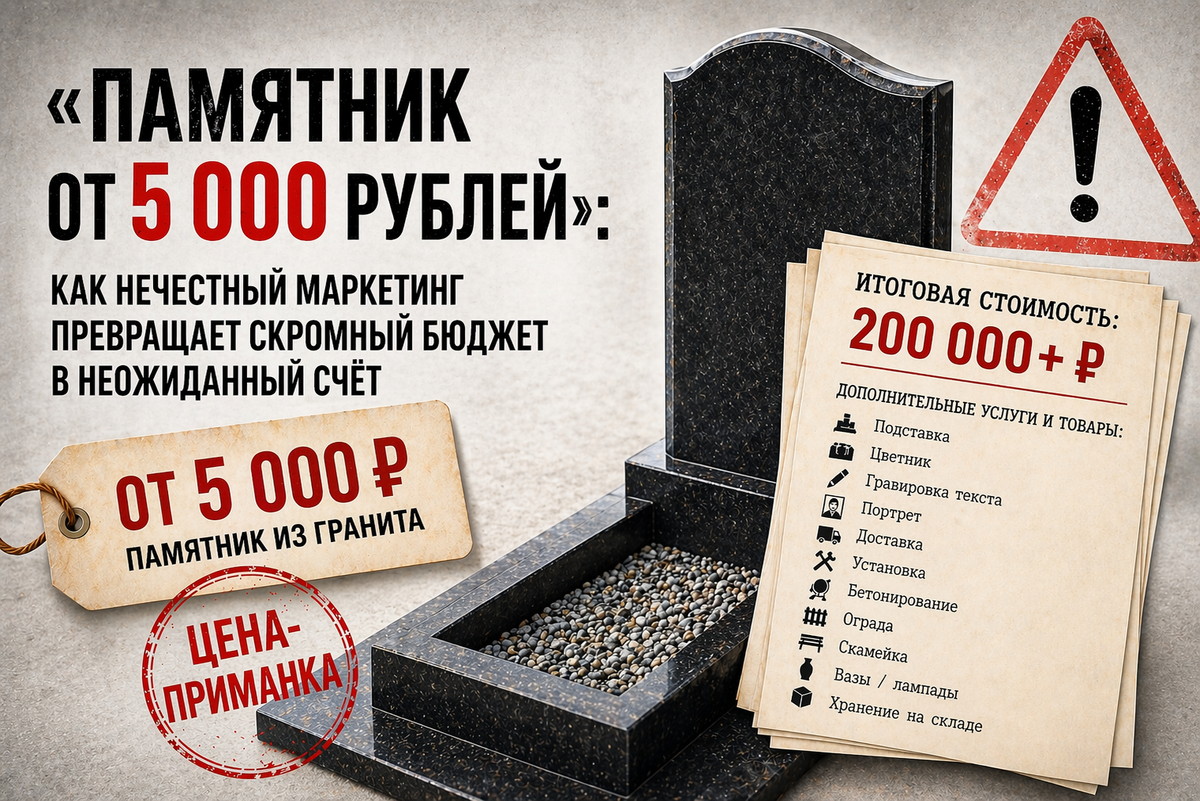 Цена-приманка: как «памятник от 5 000» превращается в итоговый счёт с доплатами