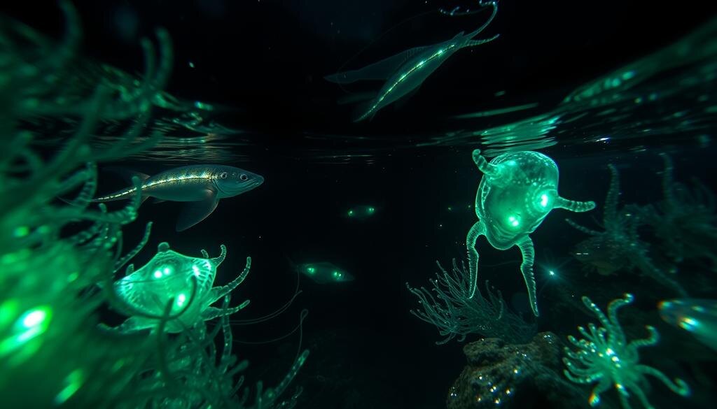    Подводный мир глубоких океанских вод с удивительными существами, способными к биолюминесценции.