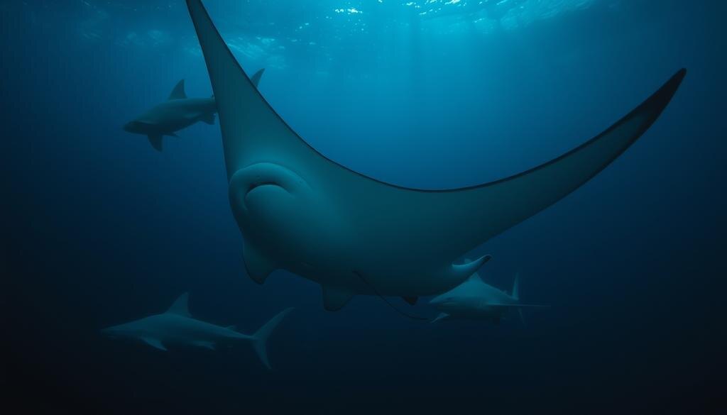    Большие морские хищники, такие как скаты и акулы, плавают в темных океанских глубинах.