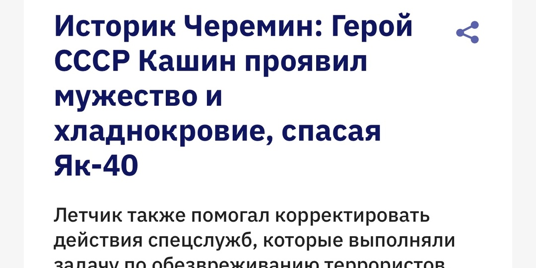 Историк Черемин: Герой СССР Кашин проявил мужество и хладнокровие, спасая Як-40