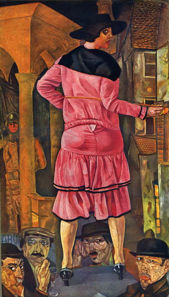 Борис Григорьев, «Улица блондинок», 1917 год. Холст, масло.  253 × 143 см. Музей-квартира Исаака Бродского, Санкт-Петербург. Интересно, что мужчина слева на переднем плане — это Яков Израилевич, известный богемной среде Петрограда как Жак, завсегдатай кабаре «Бродячая собака» и «Привал комедиантов».
