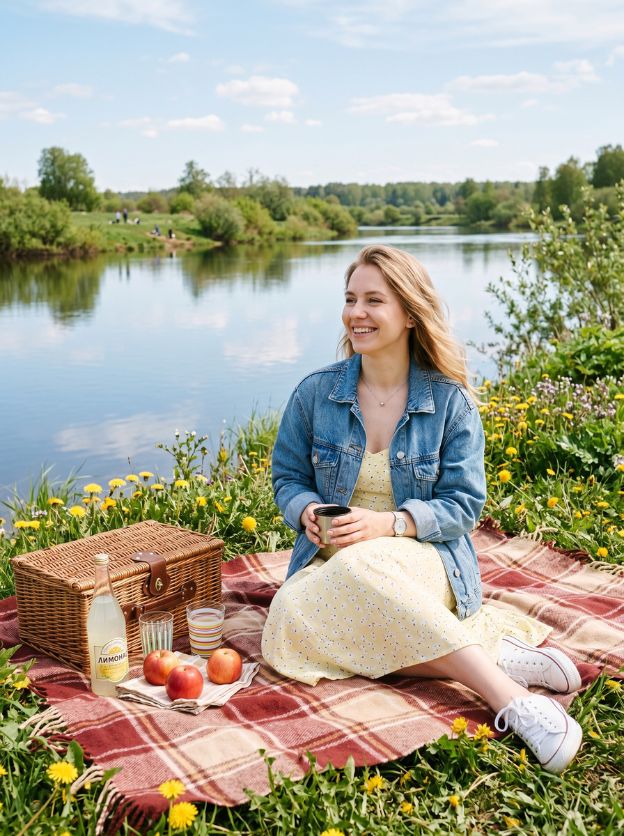 Промт 1️⃣: Девушка на пикнике у реки, весенний день