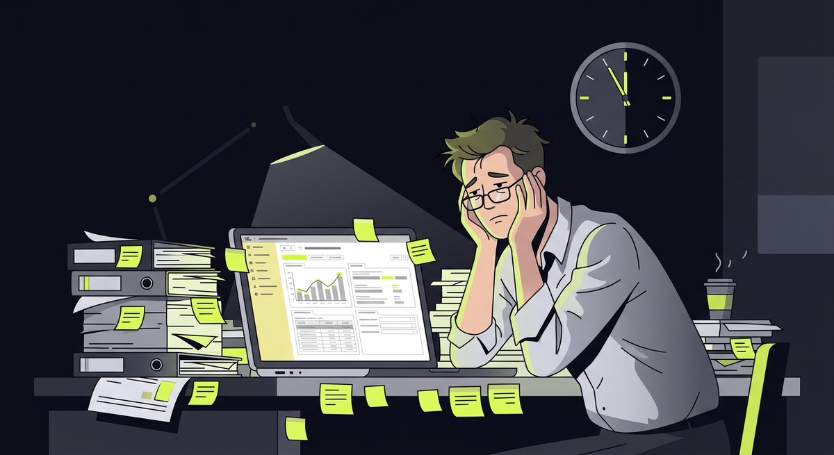    Tired accountant at desk surrounded by stacks of papers and sticky notes, clock on wall showing late evening, laptop screen with 1C interface open