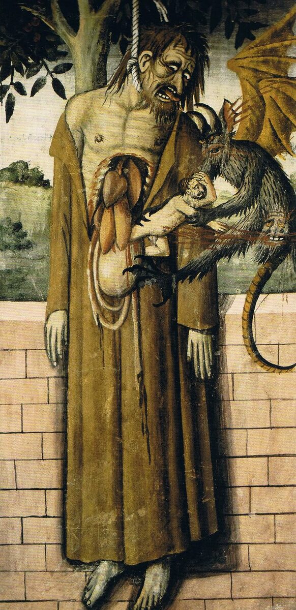 Устрашающе-назидательная средневековая живопись. "Смерть Иуды." Художник Джованни Канавесио (Giovanni Canavesio), (Фреска, масло, 1492). Пояснительный текст из буклета:"Из разорванного живота Иуды вываливаются внутренности, а дьявол, изображённый с зооморфными чертами (крылья летучей мыши, козлиные рога, тело василиска, когти ворона и змеиный хвост), вытаскивает его душу. Душа представлена в виде миниатюрного взрослого человека с портретными чертами самого Иуды." Находится в часовне Нотр-Дам-де-Фонтен во французском Провансе. Источник - tr.pinterest.com