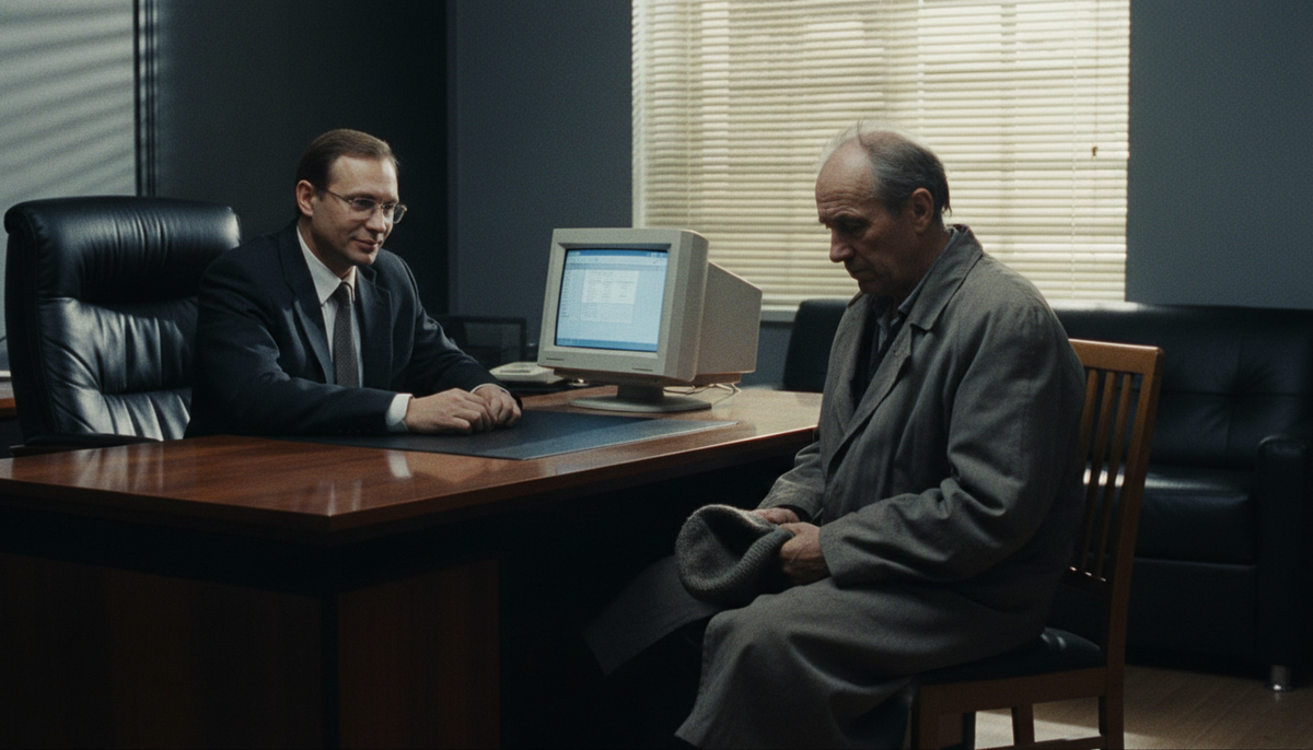 Он выглядел уставшим, сломленным жизнью стариком. 