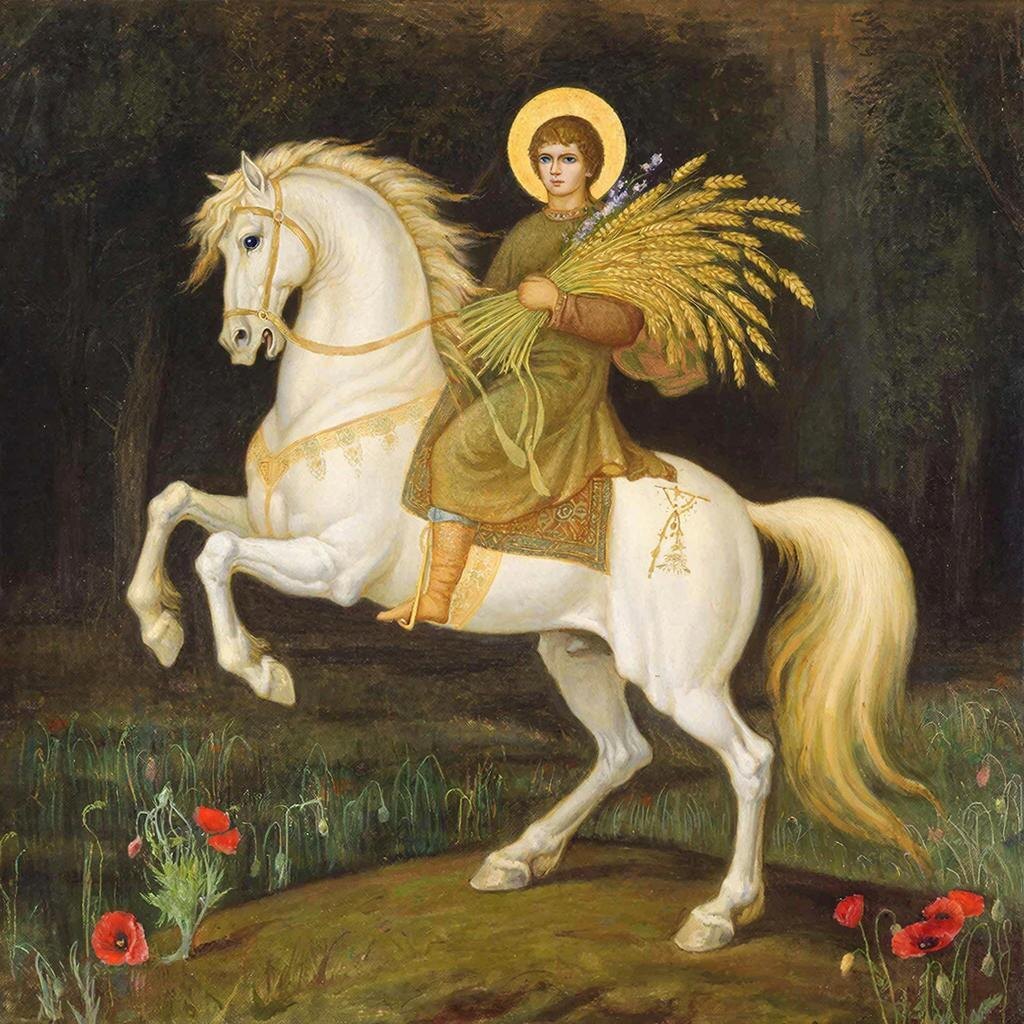 Ярило Вешний. Свечение глаз и пучок колосьев в руке символизируют не земную власть, а космическую ярь — энергию, которой он оплодотворяет уснувшую Материю. Конь попирает тьму Нави, давая начало цветению Яви