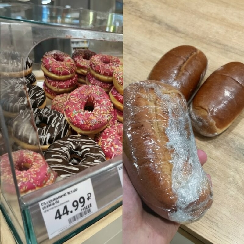 Булочки из нашего продуктового магазина и пончики из пятерочки.