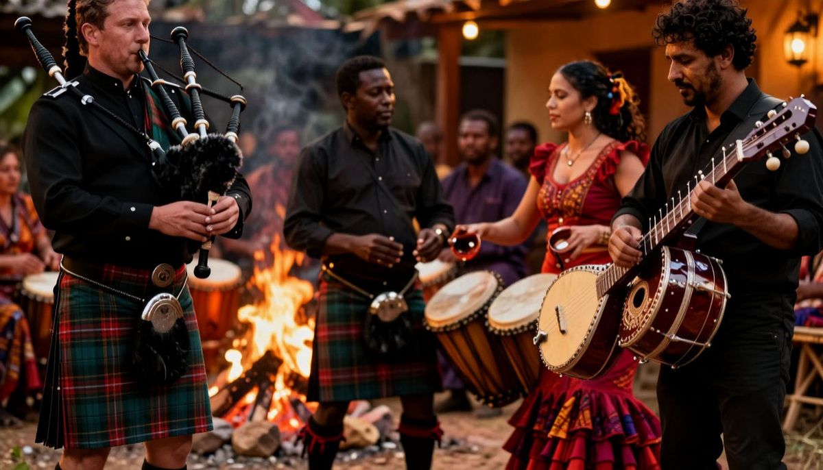 подобрать фото: волынщик в килте, африканские барабанщики у костра, танцовщица фламенко с кастаньетами, музыкант с ситаром.