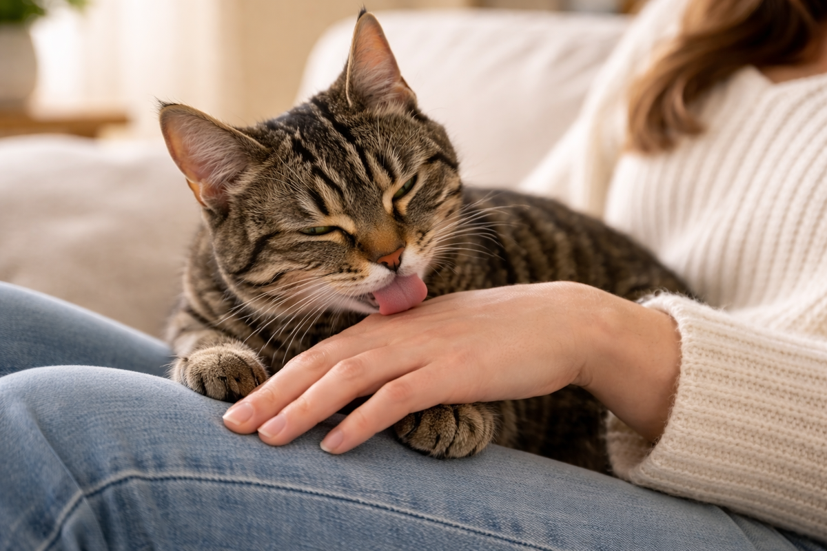 Кошка облизывает руку человека. Фото сгенерировано ИИ