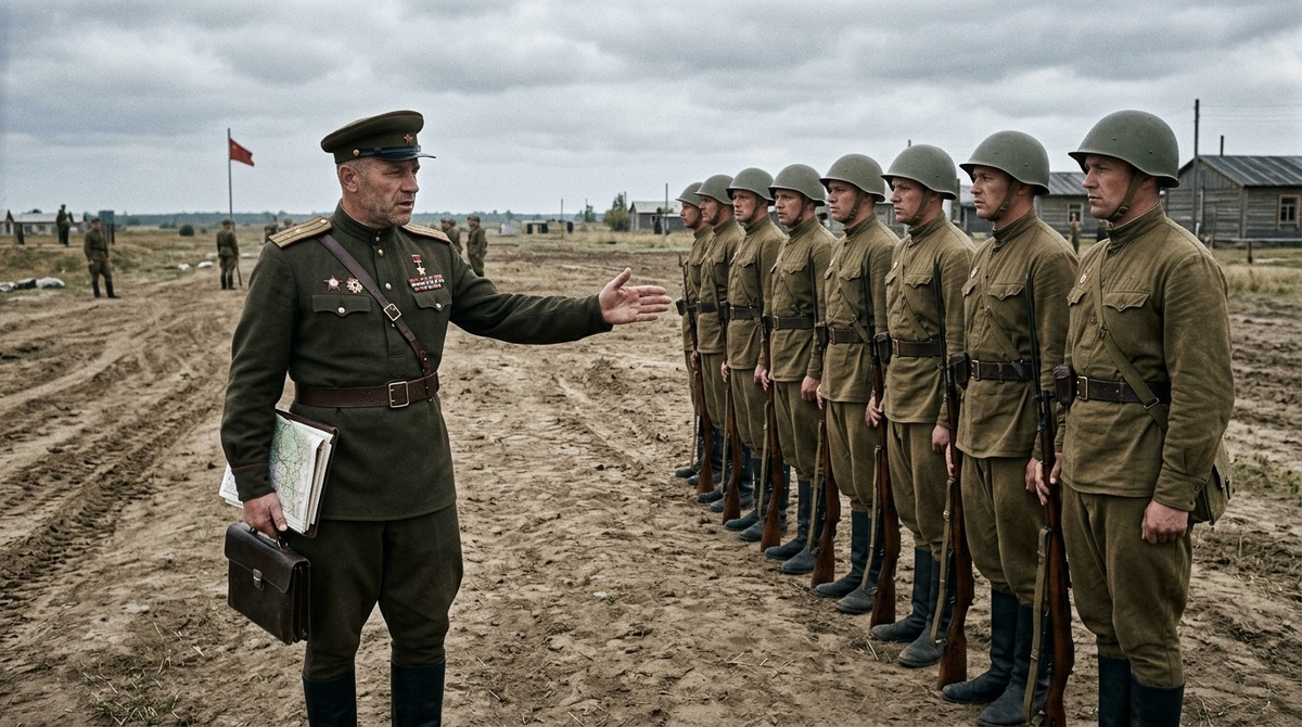 Офицер-фронтовик перед строем взрослых солдат 1950-е годы