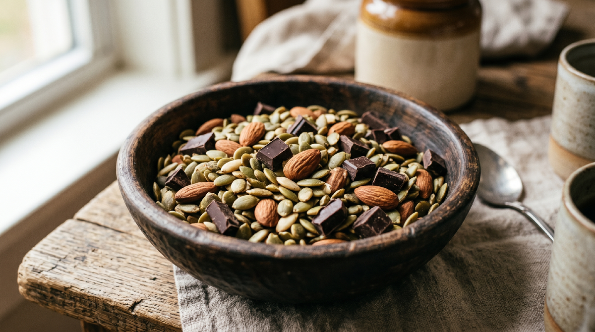 Тыквенные семена, миндаль, тёмный шоколад