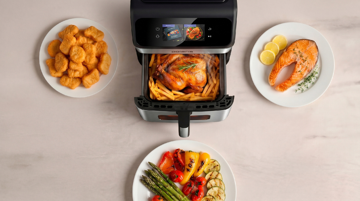 Аэрогриль Polaris PAF 9017DWS, который объединяет возможности фритюрницы, гриля и духовки.