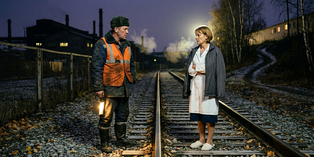 Бригадир проверил участок пути после смены. Рядом с рельсами стояла санитарка из заводской здравницы