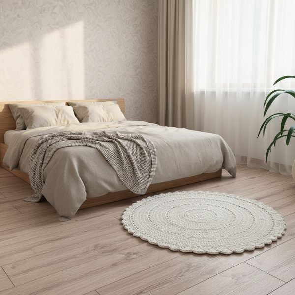 Хлопковый ковёр RoLens Cotton в спальне. Мягкий, натуральный, уютный.