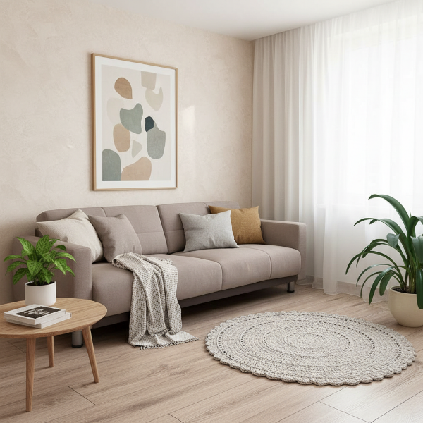Хлопковый ковёр RoLens Cotton в гостиной — мягкий акцент, который делает интерьер теплее и уютнее. 